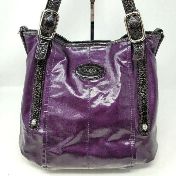 Tods G Line Easy Shopper Sacca Purple Coated Canvas Leather Medium Tote Hand Bag - Picture 2 of 12